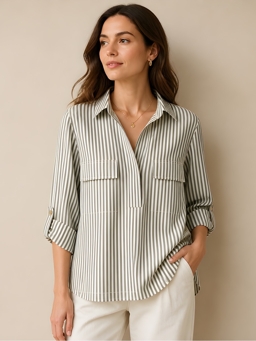 Max Studio Stripe Utility Pocket Pop-Over Shirt